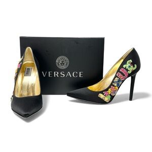 RARE Versace Tribute Vogue Black Satin Heels Shoes Runway Crystal 36.5 6.5 6